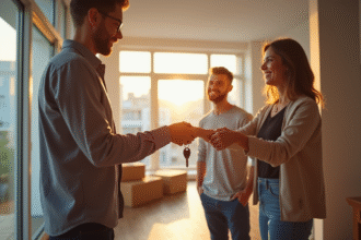 Agent immobilier remettant les clés à un jeune couple dans un appartement lumineux