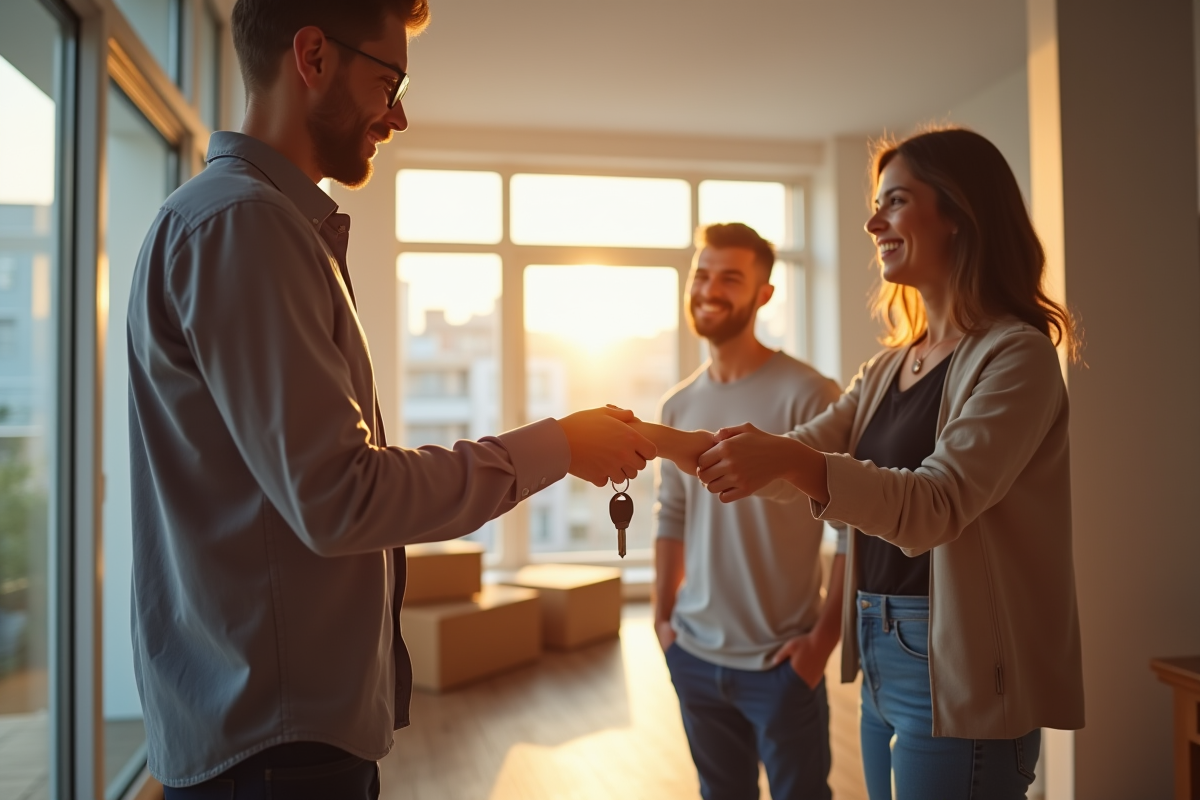 Agent immobilier remettant les clés à un jeune couple dans un appartement lumineux