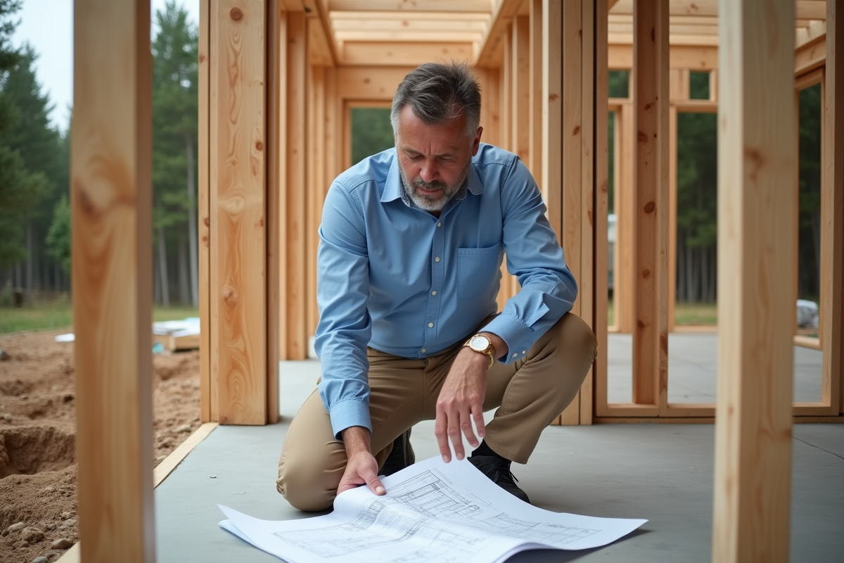 Architecte homme en chantier en train d'étudier des plans en bois