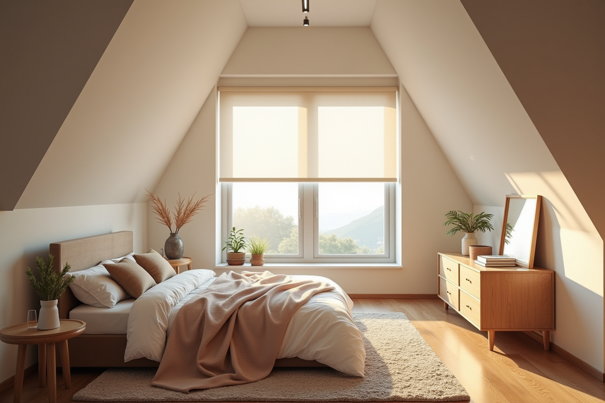 Chambre de grenier moderne avec lumière naturelle et store électrique