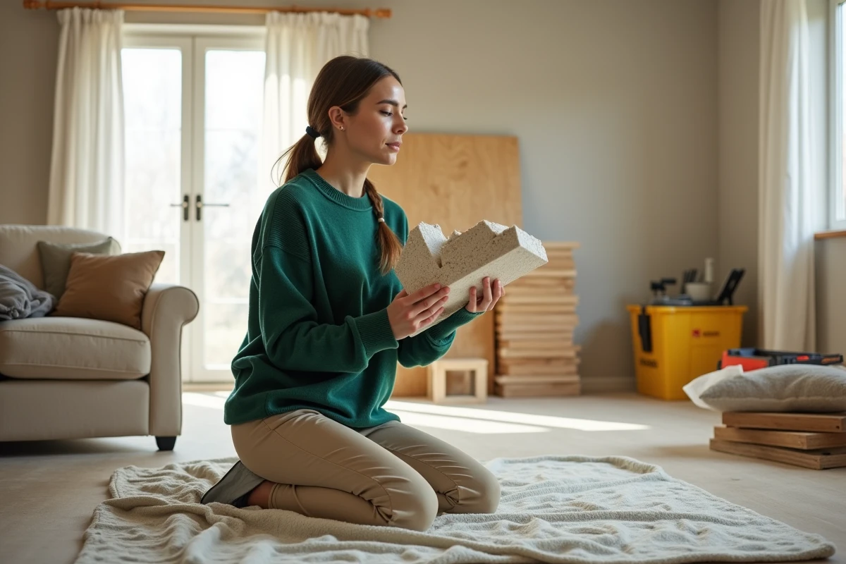 Jeune femme comparant panneaux de mousse et cellulose dans un salon