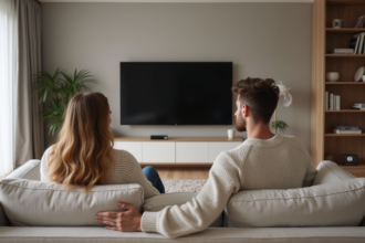 Jeune couple dans un salon scandinave moderne et cosy