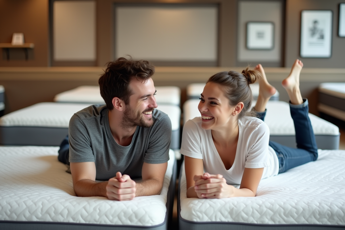 Jeune couple testant des matelas dans un magasin