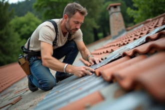 Ouvrier couvreur examinant un toit en tuiles et métal