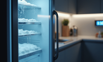 Cuisine moderne avec congélateur porte entrouverte et compteur électrique