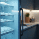 Cuisine moderne avec congélateur porte entrouverte et compteur électrique