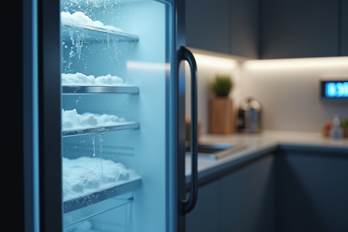 Cuisine moderne avec congélateur porte entrouverte et compteur électrique