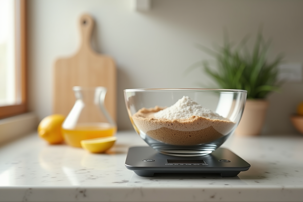 Ingrédients dans un bol sur balance en cuisine propre