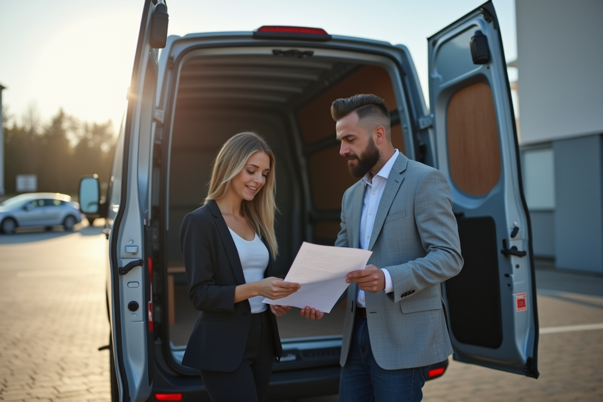 Homme et femme discutant documents à côté d