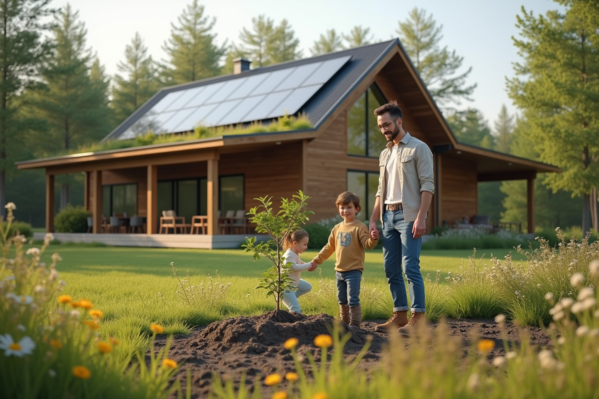 Famille plantant un arbre devant leur maison écologique