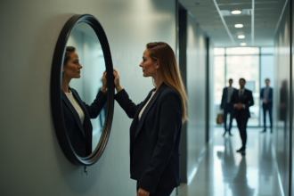 Femme d'âge moyen ajustant un grand miroir convexe dans un couloir d'entreprise