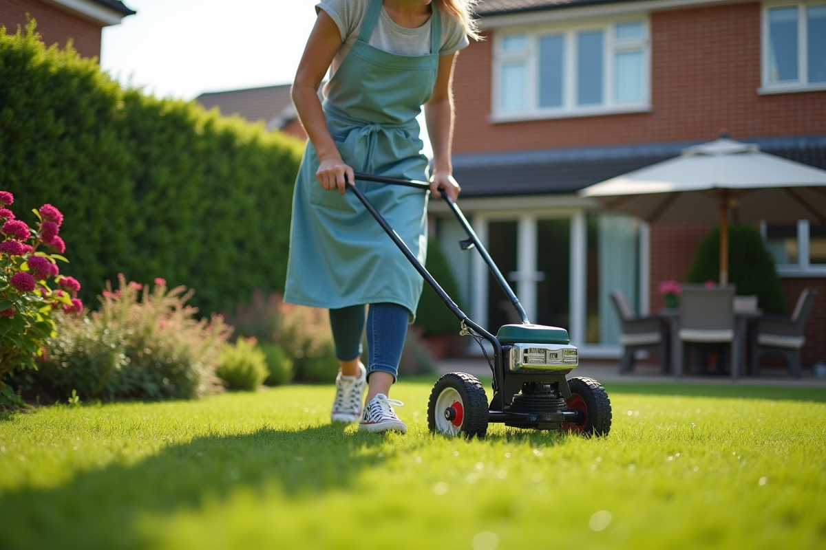Jeune femme utilisant un aérateur de pelouse dans le jardin