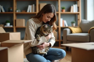 Jeune femme avec chat dans un appartement en transition