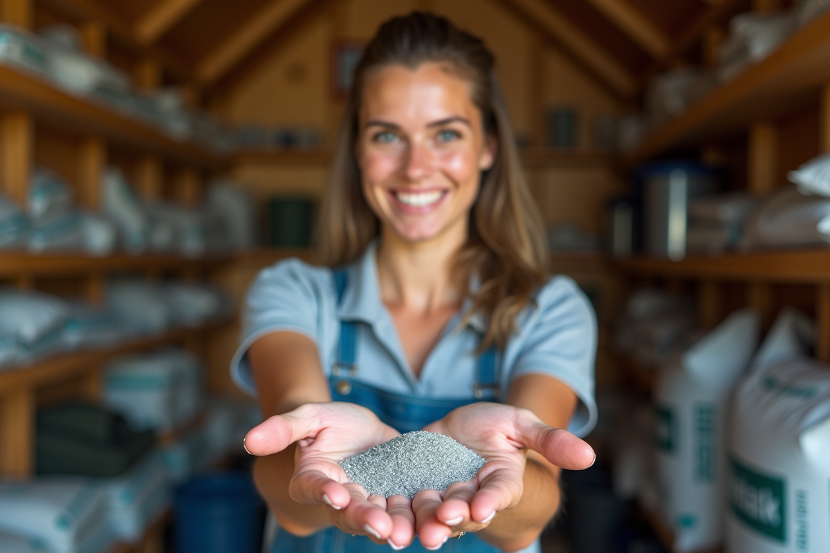Jeune femme tenant des perles de filtration dans un atelier lumineux