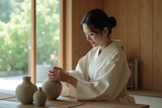 Femme japonaise en kimono arrangeant des vases en céramique