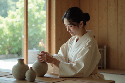 Femme japonaise en kimono arrangeant des vases en céramique