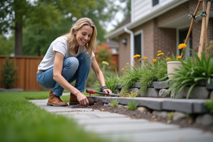 Femme souriante en jardinage sur terrasse moderne
