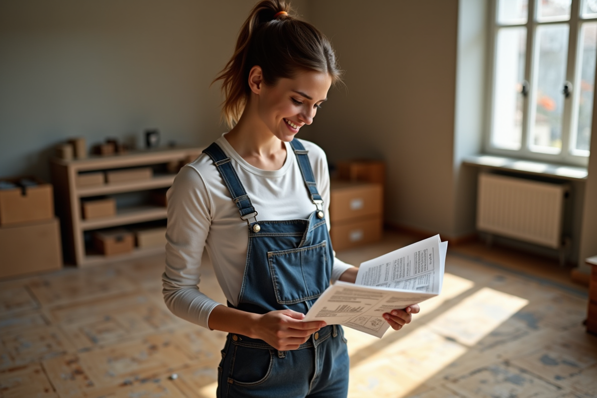 Jeune femme en tenue de travail lisant instructions de pose de parquet