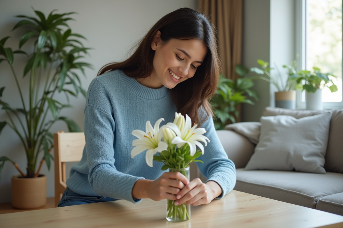 Femme en bleu nettoie un bouquet de lys dans un salon cosy
