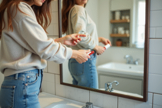 Femme appliquant de la colle sur un miroir dans une salle de bain moderne