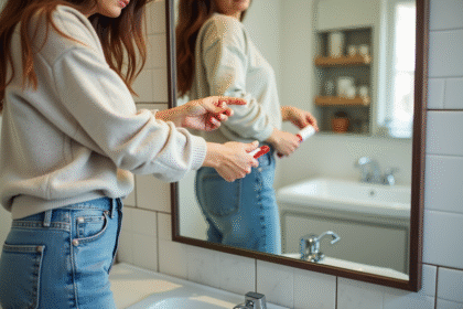 Femme appliquant de la colle sur un miroir dans une salle de bain moderne
