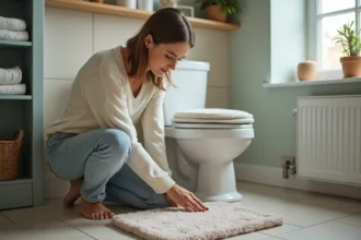 Femme posant un tapis de bain autour des toilettes dans la salle de bain