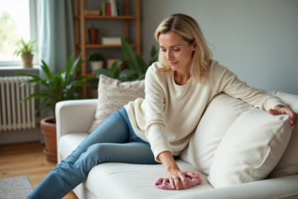 Femme en jeans nettoyant un canapé en tissu blanc