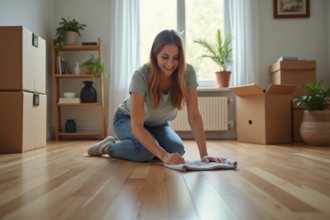 Femme nettoyant un sol en bois dans un salon spacieux