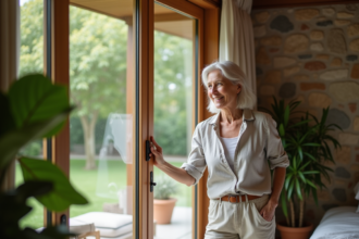 Femme ouvrant une grande fenetre dans une maison bioclimatique moderne