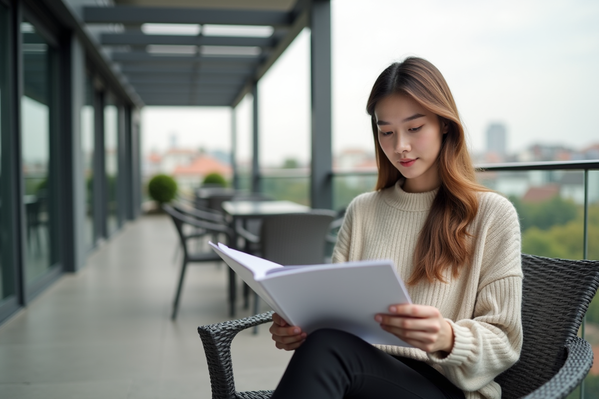 Jeune femme assise sous une pergola en aluminium sur un balcon