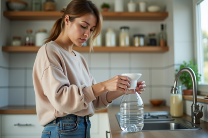 Femme en intérieur remplissant une petite bouteille d'eau