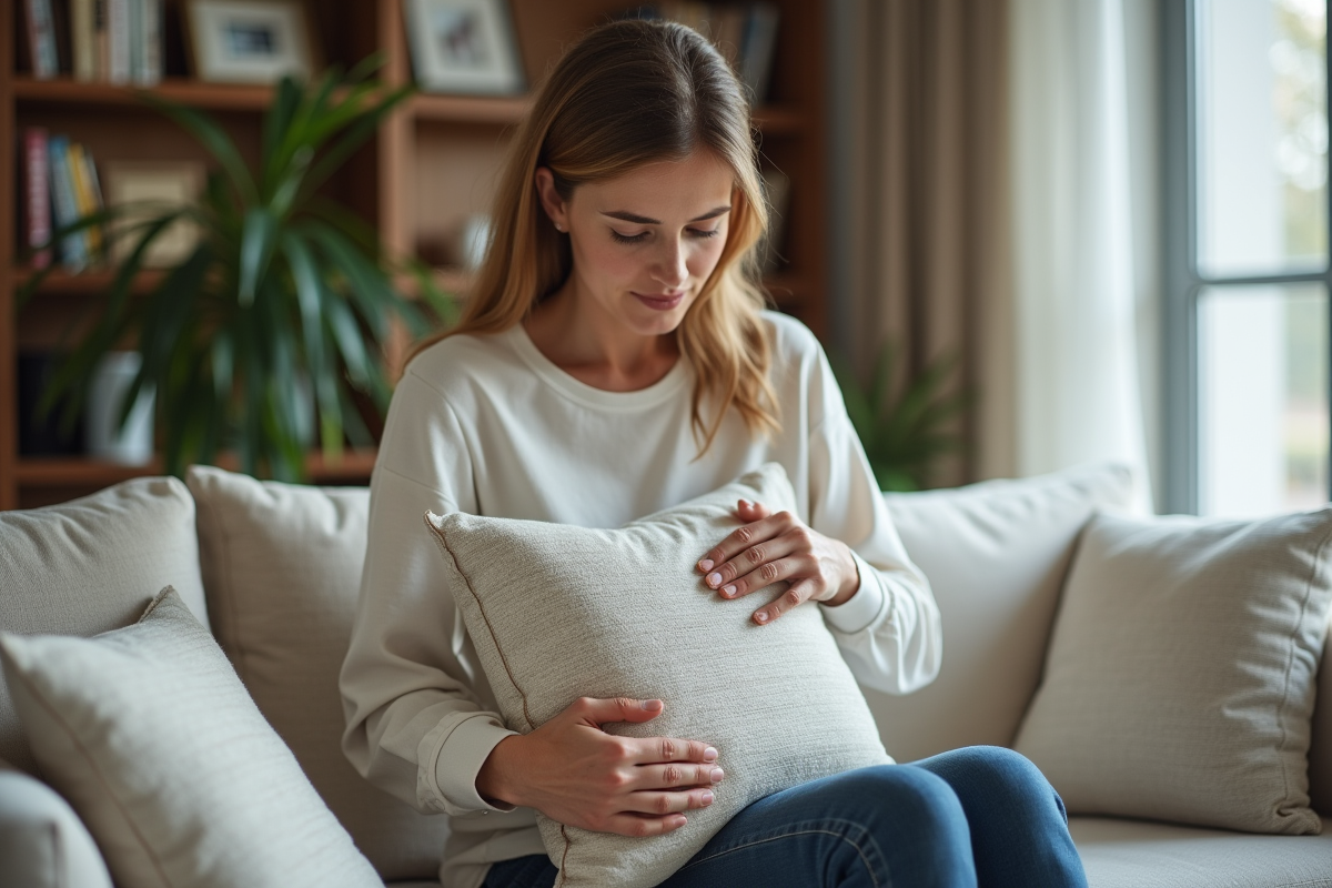 Femme d'âge moyen repassant un coussin dans un salon lumineux
