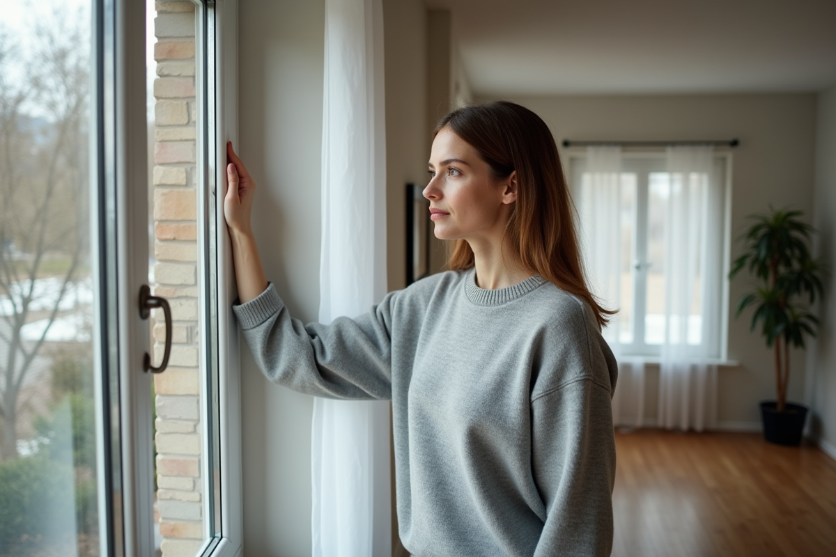 Femme regardant par la fenêtre dans un salon lumineux