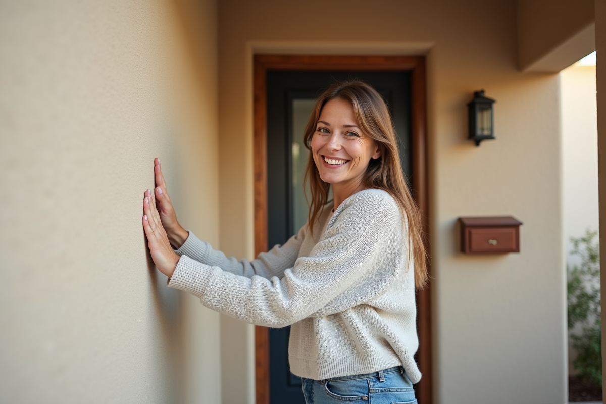Femme souriante touchant le mur isolé de sa maison