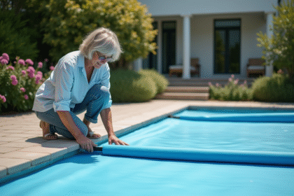 Femme posant la couverture de piscine extérieure en été