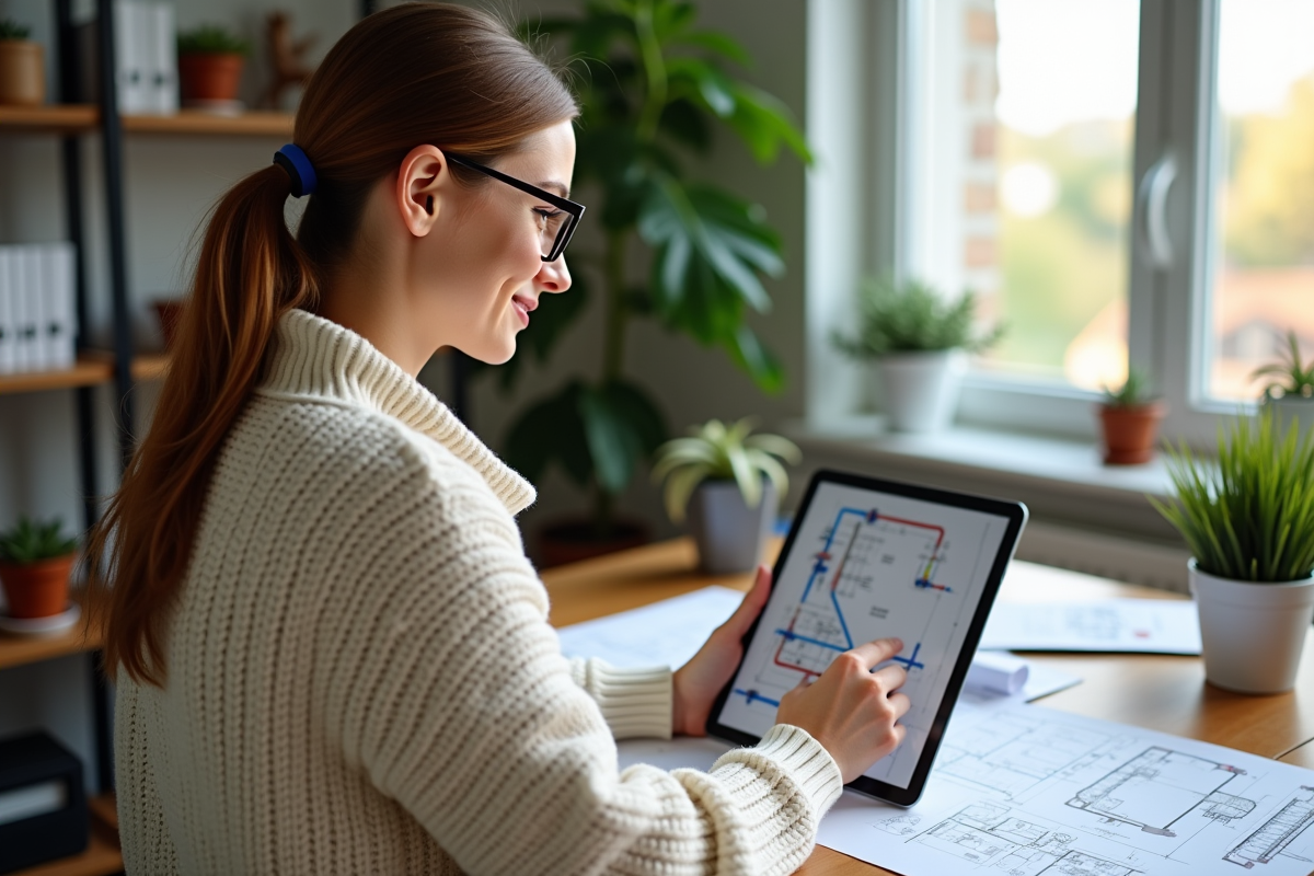 Femme consulte des plans de plomberie sur une tablette dans un bureau