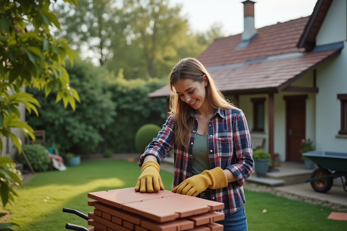 Jeune femme examine des tuiles neuves devant sa maison