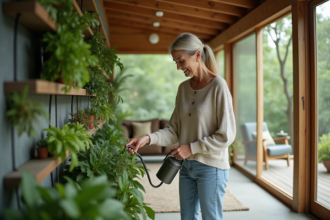 Femme cultivant un jardin vertical intérieur dans un salon écologique