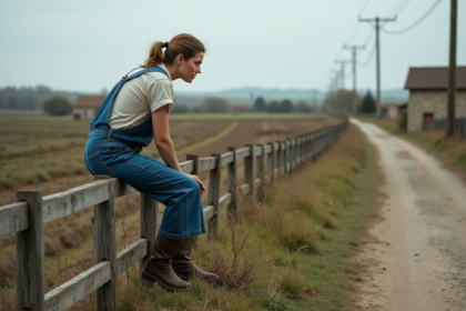 Fermière rurale en overalls bleus regardant un paysage agricole