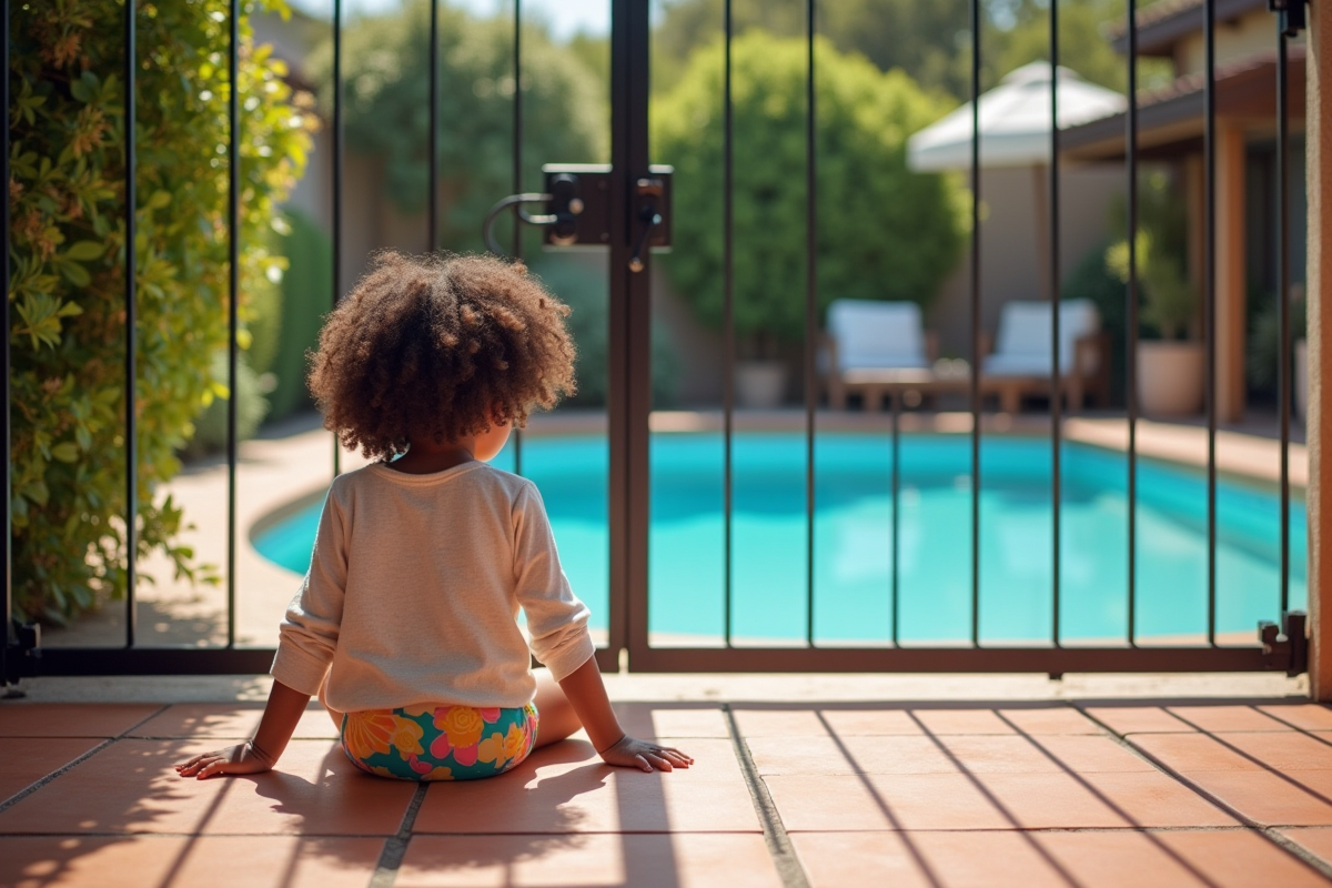 Fille assise près de la porte de piscine verrouillée