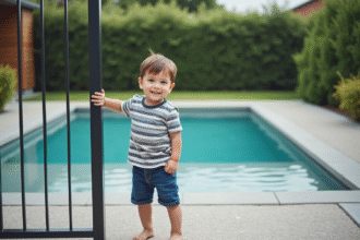 Garçon curieux près de la barrière de piscine extérieure