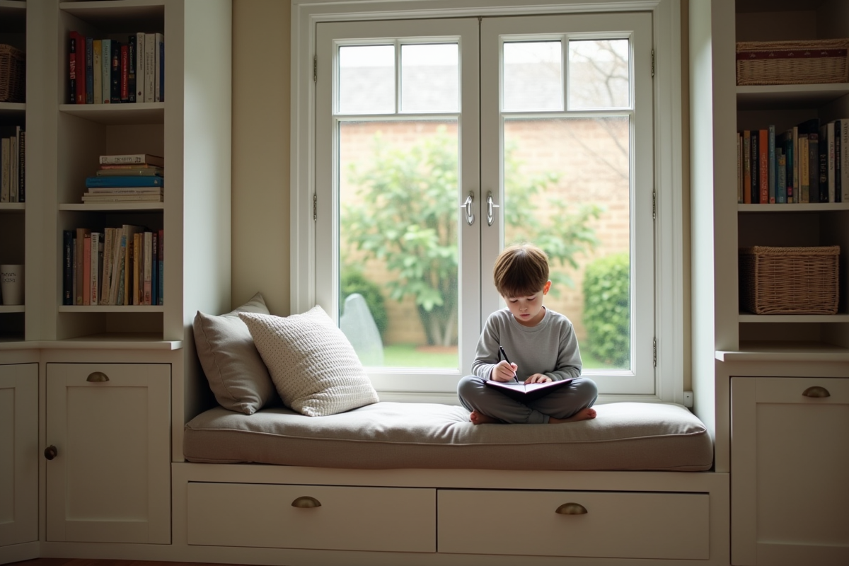 Garçon dessinant sur un siège de fenêtre dans sa pièce lumineuse