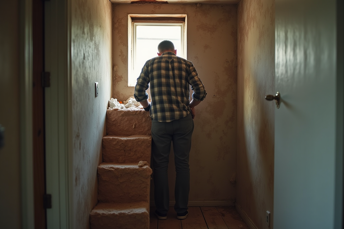 Homme réfléchissant devant un accès au grenier en rénovation
