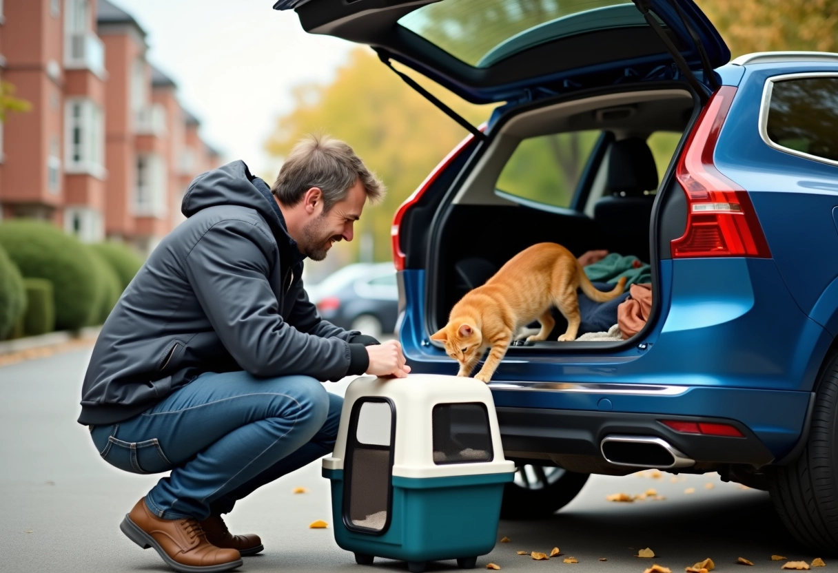 Homme encourageant son chat dans une voiture en parking