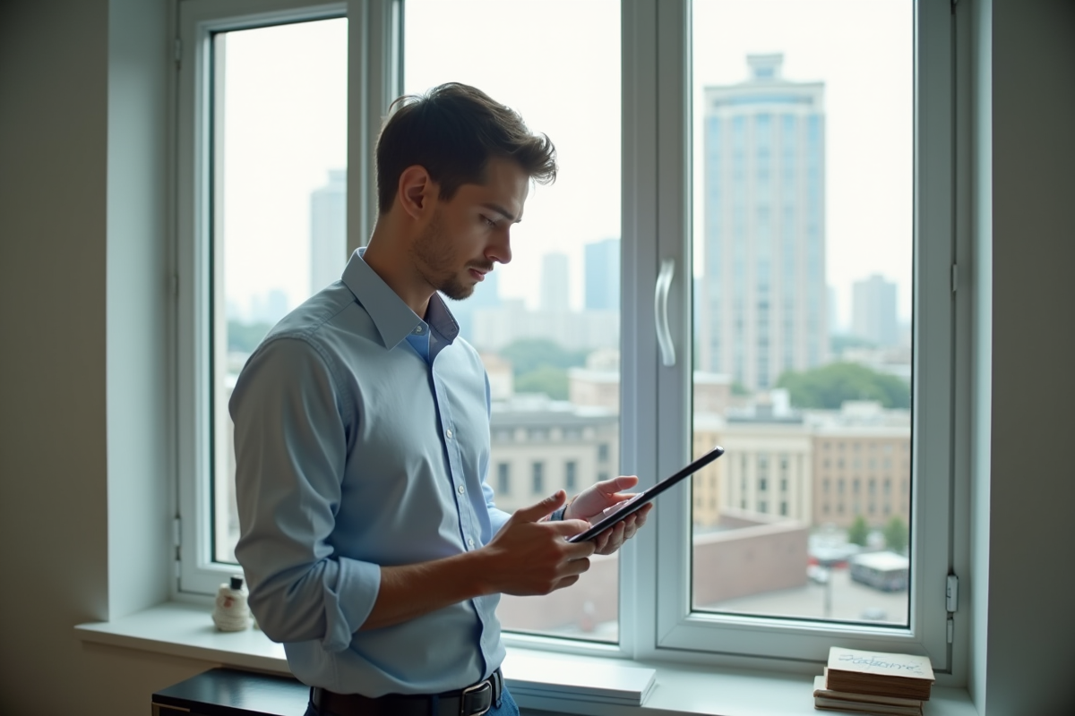 Jeune homme vérifiant une nouvelle fenetre dans un bureau lumineux