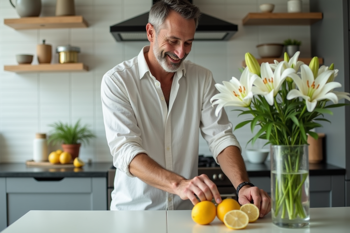 Homme en chemise prépare des tranches de citron autour de lys