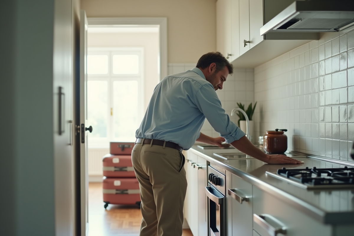 Homme nettoyant un plan de cuisine avec des carreaux blancs