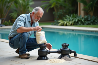 Homme en vêtements décontractés nettoyant un filtre de piscine extérieur