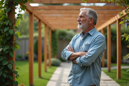 Homme d'âge moyen examine une pergola en bois dans son jardin