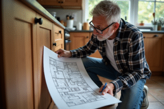 Homme examine un plan de plomberie dans une cuisine moderne